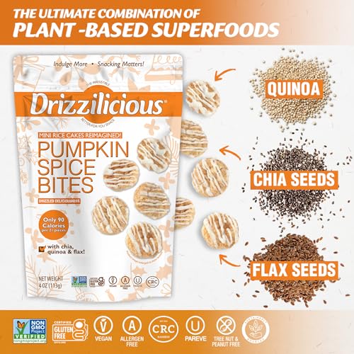 Drizzilicious Mini Flavored Rice Cakes - Rice Crisps, Healthy Snack for Adults and Kids, Vegan, Gluten Free Snack, Only 90 Calories Per 21 Pieces - Pumpkin Spice, 4 oz (Pack of 6)
