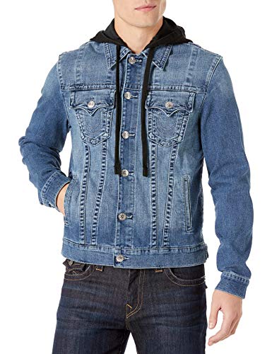 True Religion Men's Trucker Jacket SN W Hood, Wave Hunter, M