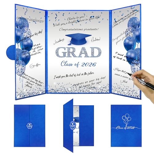 DARUNAXY Blue Silver Graduation Party Decorations Blue Class of 2026 Congratulations Graduates Alternative Signature Guest Book for Men Happy Graduation Gifts Congrats Grad Party Signing Card Board