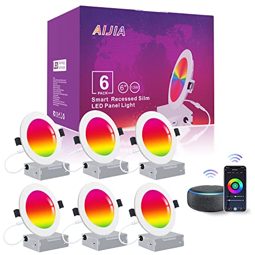AIJIA 6 Pack Smart Recessed Lighting, 13W Canless LED Recessed Light RGB Controllable Downlight LED Retrofit Ceiling Light Slim Lights J-Box Color Changing Alexa Google Dimmable