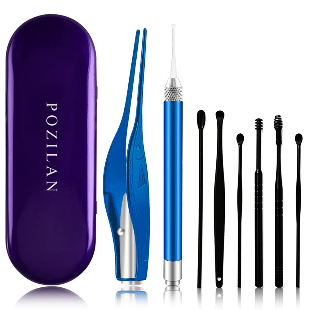 POZILAN Ear Picker Tweezers with LED Light - 8 Pack Ear Wax Removal Tool Cleaner Kit for Kids and Adults, Earwax Spoon Digger & Tweezers for Ear
