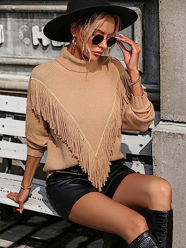Image of yoeasy Women's Fringe Trim Turtleneck Long Seeve Sweater Knit Loose Pullover Sweater