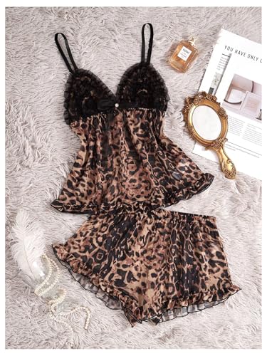 Milumia Women's 2 Piece Leopard Print Pajama Set Lace Mesh Cami Top Shorts Pajamas3