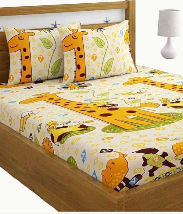 Modak King Size Bedsheet with Elastic Fitted for Kids | Printed Bed Sheet Double Bed for Kids, Room | Cartoon King Size Bedsheet with Elastic Fitted and 2 Pillow Covers (90 x 100 Inch, Giraffe-Beige)