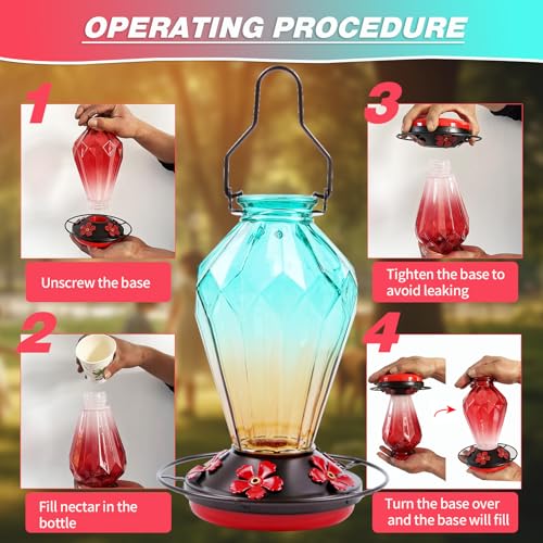 Image of 2 Pack Glass Hummingbird Feeder for Outdoors Hanging, 25Oz Humming Bird Nectar Feeder, Perch, 5 Flower Feeding Ports, Leak Proof Base, Hook for Outside Garden Backyard, Diamond Green