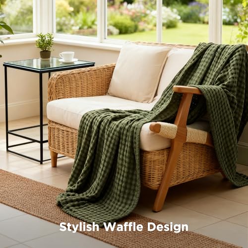 Image of Bedsure Cooling Cotton Waffle Weave Throw Blanket - Lightweight Breathable Blanket of Rayon Derived from Bamboo for Hot Sleepers, Luxury Throws for Bed, Couch and Sofa, Olive Green, 50x70 Inches