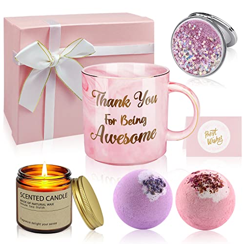 Product Image of the Youerls Thank You Gifts for Women, Valentines Day Gifts for Her Female Best Friend Birthday Gifts for Women Relaxing Spa Gift Basket with Coffee Mug Scented Candle Bath Bombs, Pink (TYLZ-01)