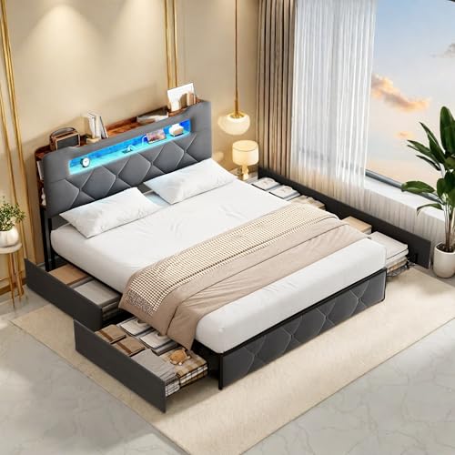 Polsterbett Doppelbett 140x200cm mit Stauraum, Stauraumbett mit 4 Schubladen, Jugendbett mit LED und USB, Schlafzimmer Bett, Gepolstertes Bettgestell mit Lattenrost, Samt (Grau, 140x200cm)