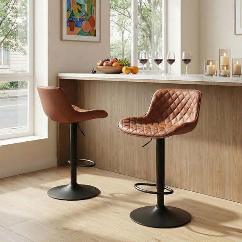 YOUTASTE Coffee Brown Bar Stools Set of 2 Adjustable Counter Height Barstools Faux Leather Bar Stool with Back Swivel Modern Metal Diamond Bar Chairs Home Kitchen Island Restuarant