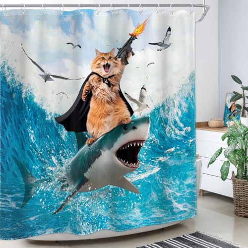 Image of Funny Surfing Cat Shower Curtain Riding Shark Ocean 72Wx72H Inch Decor | Hilarious Nautical Blue Sea Waves Seagull Animals Cool Novelty Waterproof Polyester Fabric Bathroom 12 Hooks