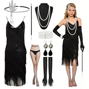 20er Jahre Kostüm Damen, 8 Stück Charleston Kleid Damen 20er Jahre, Gatsby Kleid Da-men, Flapper K-leid 20-er Jah-re mit 1920-er Accessoires Da-men für Karneval, Halloween, Fasching & 20s Motto Party