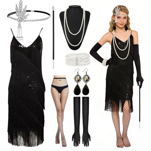 20er Jahre Kostüm Damen, 8 Stück Charleston Kleid Damen 20er Jahre, Gatsby Kleid Da-men, Flapper K-leid 20-er Jah-re mit 1920-er Accessoires Da-men...