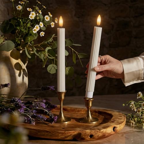 Image of 10 inch Fluted Ribbed LED Cream Beige Grooved Real Wax Taper Candles, Remote & 24h Timer Memory, On /Off Switch - Flameless Dimmable Battery Operated w /Flicker Mode, Home Wedding Decor (6 Pack)