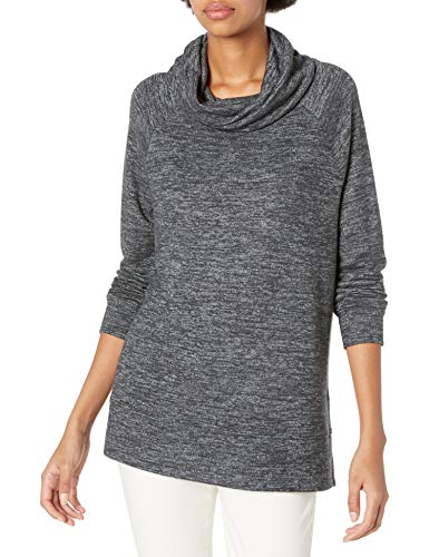 Amazon Brand - Daily Ritual Women's Cozy Knit Raglan Funnel Neck Sweatshirt, Black Marl, Medium