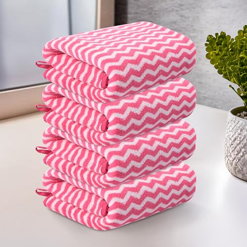 Image of Kuber Industries 4 Pcs Microfiber 19x38 Inch Soft Face Towels for Women and Men | 280 GSM Quick Dry & Absorbent Hanging Hand Towels for Wash Basin Bathroom, Kitchen and Home | Zig Zag - Pink