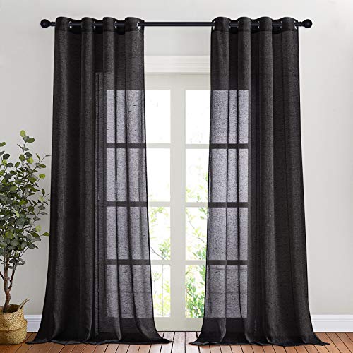 NICETOWN Black Curtains Linen Sheer Textured, Grommet Semi Sheer Linen Blend Bedroom Curtains Privacy with Light Through Window Treatment for Boys Room/Office, W52 x L90, 2 Pieces