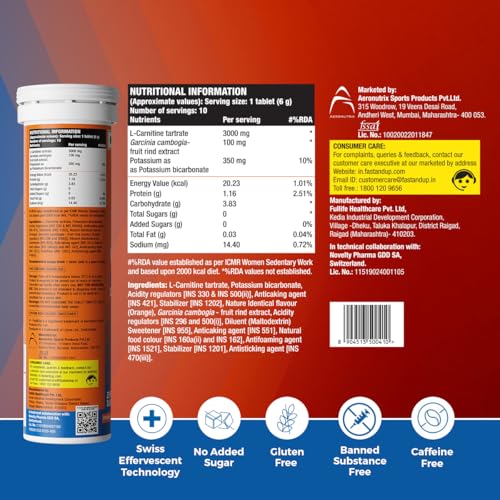 Image of Fast&Up L Carnitine tartrate 3000mg Effervescent Tablets | Triple Action L Carnitine Supplement with Garcinia Cambogia & Potassium | Fat Burner for Weight Loss| Controls Cravings I Reduces Bloating I Orange Flavour (Pack of 2)