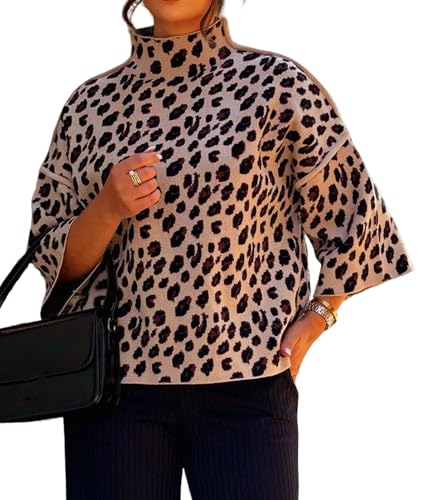 utcoco Women's Leopard Print Sweater Mock Neck 3/4 Bell Sleeve Pullover Loose Fall Winter Knit Top