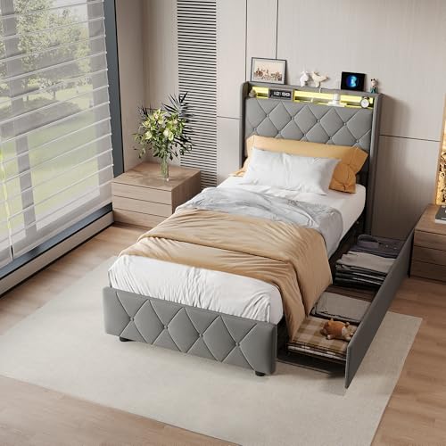 Poeahu Cama 90x200 con somier LED y USB, cama individual con 2 cajones de almacenamiento, camas individuales acolchadas con somier de láminas, camas individuales para niños adolescentes, sin colchón