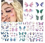 14 Sheets Glitter Butterfly Temporary Tattoos Sticker for Women Girls Eye Face Makeup Decoration, Flash Fairy Body Art Shiny Butterflies Waterproof Fake Tattoos for Festival Party Eye Decor
