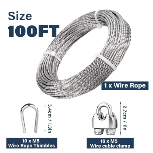 4PCS Tensores Quijada 1/4" (M6) Acero Inoxidable 304, Cable de Acero 3/16" de 100 pies con Abrazaderas y Cabezales miniatura 5
