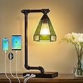 Tiffany Table Lamp with 2 USB and 1 Type C Charging Ports, Retro Nightstand Lamp with Fluorescent Green Glass Shade, Rustic Bedside Desk Lamp for Bedrooms Office Study Reading (Bulb Not Included)
