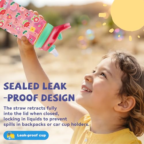 Image of 14oz Florals Kids Water Bottle with Straw Lid - Colorful Flowers Water Bottles for Kids, Leakproof, Lightweight, Durable Plastic Bottles for School, Pop-Up Straw Cover, Gift Cup for Girls(Flower)