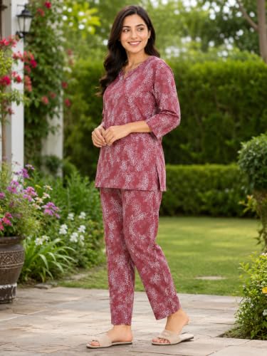 Image of Vlazom Women's Pure Cotton Printed Night Suit Pack of 2 | Soft Breathable Cotton Top & Pajama Set | Half Sleeve Sleepwear & Loungewear | Comfortable Nightwear for Women | Regular Fit