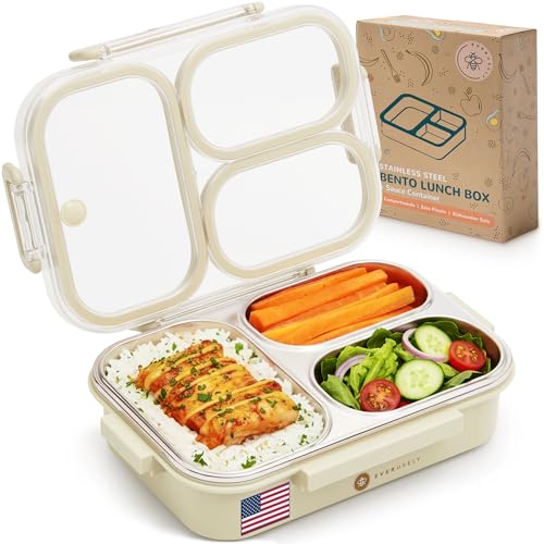 Everusely Fiambrera Bento de acero inoxidable - 750 ​ml - Fiambrera metálica hermética con 3 ​compartimentos - Fiambrera de con compartimentos para tentempiés y tapa transparente