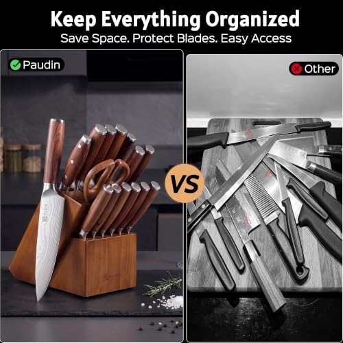Image of PAUDIN 16-Piece Kitchen Knife Set with Block, Built-in Sharpener, Ultra Sharp 5Cr15Mov Stainless Steel Chef Knives, Natural Wood Handles, Steak Knives, Scissors & Honing Rod, Complete Cutlery Set
