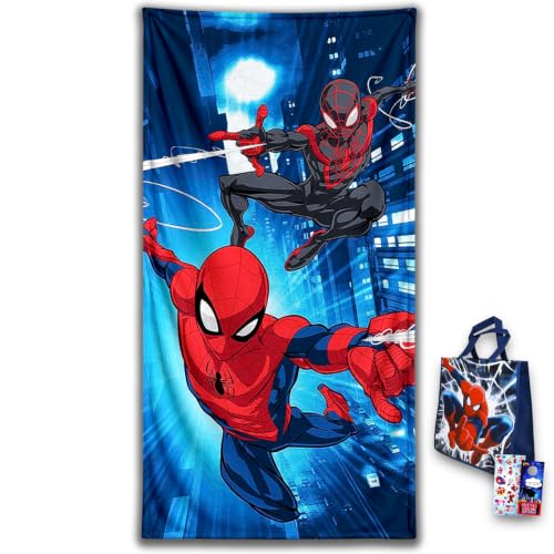 Marvel Spiderman Towel Set for Kids - Bundle with 27x54 Spiderman Microfiber Towel Tote Bag Stickers and More (Spiderman Pool and Bathroom Set)