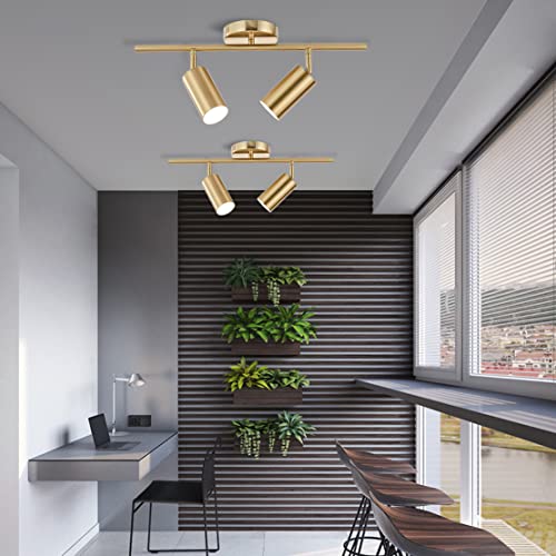 Bokt Mid Century Modern 2-Lights Led Track Lighting Kit 2 Ways Gold Flush Mount Ceiling Spotlight Brushed Brass Adjustable Angle Track Lighting Fixture #TOP3