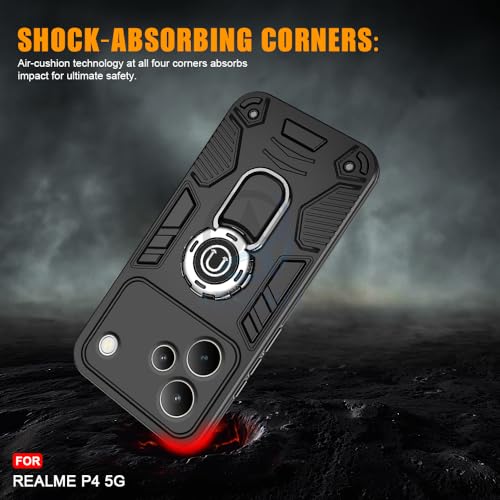 Image of AESTMO Realme P4 5G Back Case Cover | Tough Armor Bumper | Ring Holder & Kickstand in-Built | 360 Degree Protection Cover for Realme P4 5G (Black)