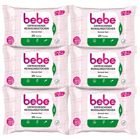 Bebe Erfrischende Reinigungstücher mit Rosenwasser natürlichen Ursprungs,Abschminktücher aus Fasern 100% pflanzlichen für normale Haut (6 x 25 Stück) Cover