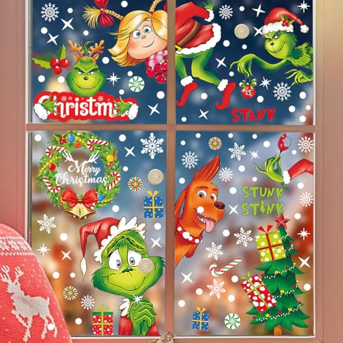 9Sheets Christmas Window Clings Cartoon Green Haired Monster Design Xmas Window Stickers Winter Snowflake Window Decals Decoration Cute Xmas Tree Gift Stickers for Glass Indoor Home Christmas Decor