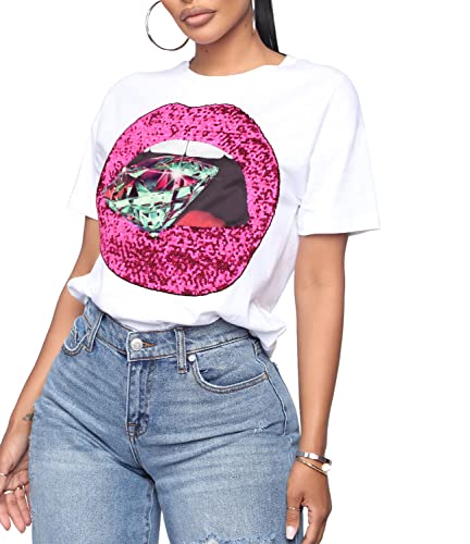 Image of PESION Womens Sparkly Diamond Shirts Short Sleeve Red Sequined Lip Print T-Shirt Tops Tees, White+ Kiss XX-Large