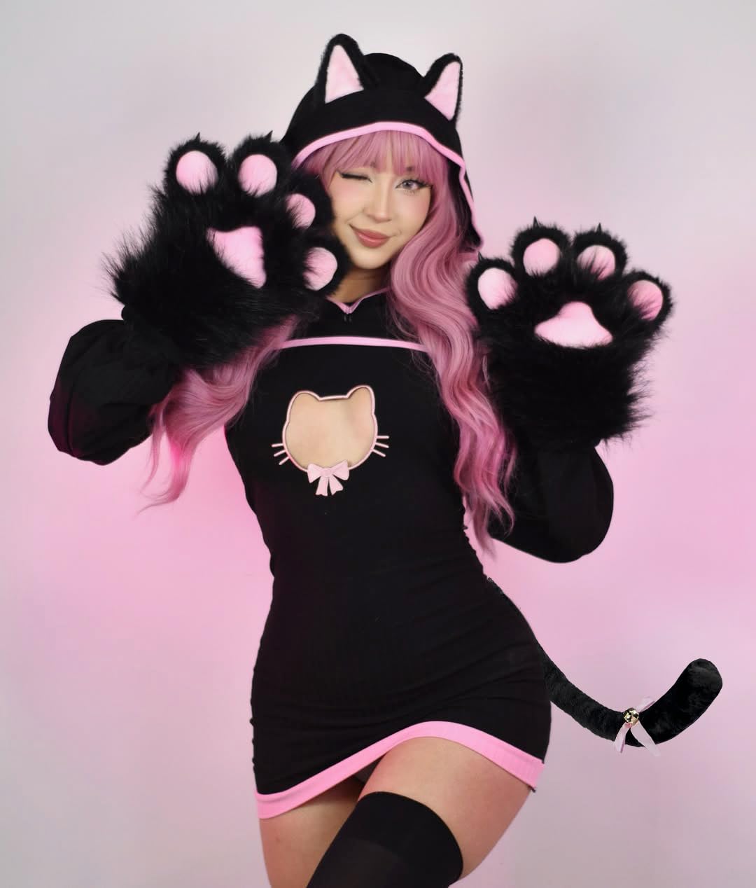 KORURACLUB Seksowny Kostium dla Kobiet z Kotami (Zestaw 4-Częściowy) Bielizna Damska Kostium Anime na Całe Ciało Halloween