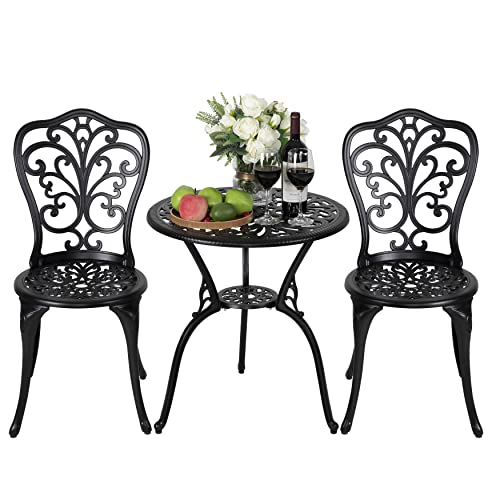 NUU GARDEN 3 Piece Bistro Set Outdoor, All Weather Cast Aluminum Patio Bistro Sets Patio Table and Chairs Set of 2 with Umbrella Hole for Yard and Balcony, Black, Butterfly Backrest