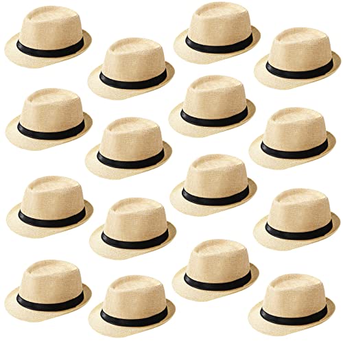 Image of Lasnten 16 Pcs Fedora Style Hat Bulk Men 1920s Gangster Short Brim Panama Cap Women Party Costume, Circumference 60 cm(Beige)