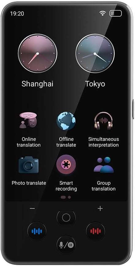 S85 Pro translator main screen showing icons for online translation, offline translation, simultaneous interpretation, photo translate, smart recording, and group translation.