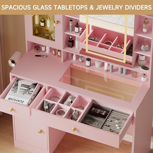 Image of HUANLEGO Vanity Desk with Mirror and Lights, Pink Vanity with Lighted Mirror and RGB Cabinet & Jewelry Organizers, Makeup Vanity Desk with Lights, Glass Top Dressing Table for Girls Bedroom