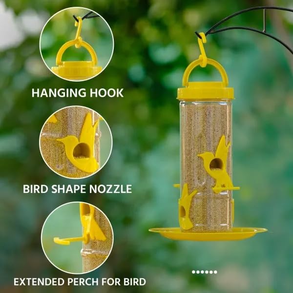 Image of Amijivdaya Medium Hanging Bird Feeder for Garden Balcony | 4 Feeding Ports | 700g Seed Capacity | Food-Grade Plastic | Easy Refill & Weatherproof (Yellow, Pack of 1)