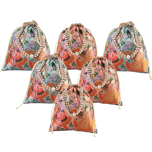 Image of Kuber Industries 6 Pcs Potli Bag For Women & Girls With Pearl Handles | 8x9 Inch Gifting Handbag /Purse - Ideal For Party, Wedding & Events | Radha Krishna Print - Peach & Green