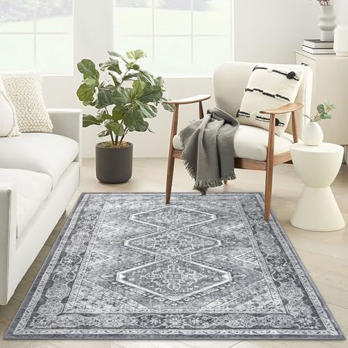 KUTA 3x5 Area Rug for Living Room, Oriental Grey Washable Kitchen Rugs Non-Slip, Soft Printed Distressed Boho Tribal Entry Low-Pile Throw Carpet for Bedroom Living Room Dorm Decor