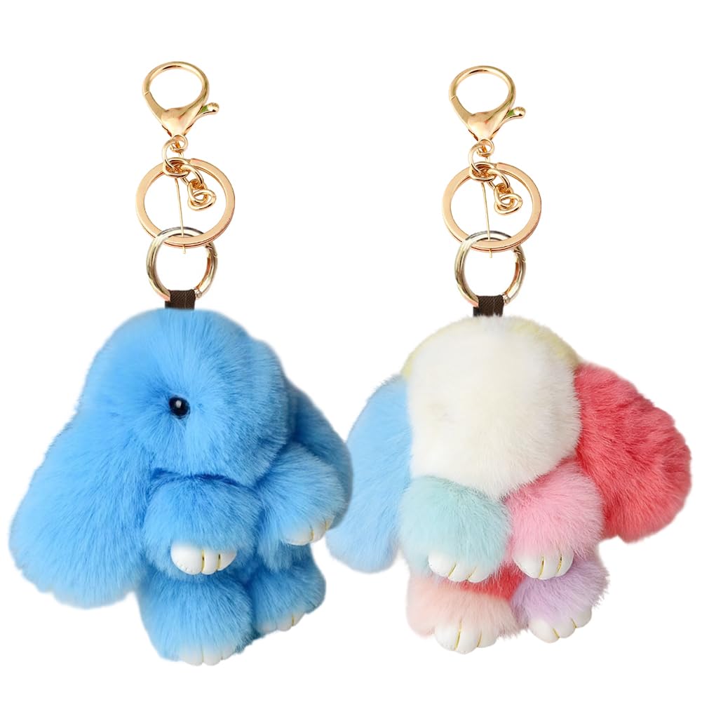 Kmfasvx Unisex Rainbow And Blue Fluffy Bunny Keychain,Bunny Keyring,2Pcs Plush Keychain,Cute Rabbit Keyring Suitable For Backpacks,Handbags,Gift For Women & Bunny Lovers (Rainbow And Blue)