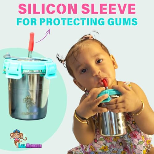 Image of LiLMONKiDZ Steel Tumbler for Kids Set of 2 (300ml Each), Leak Proof Sipper Cups with Lid & Straw, BPA Free Baby Sipper Glass with Cleaning Brush, Drinking Tumbler for Milk, Juice & Water (Sky Blue)