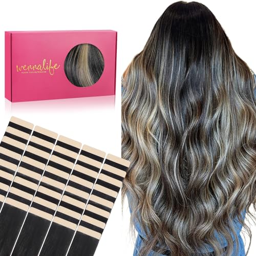 Image of WENNALIFE Tape in Hair Extensions Human Hair, 40pcs 60g 10 inch Balayage Natural Black to Light Blonde Remy Hair Straight Tape in Extensions Invisible Reusable Real Hair Extensiones De Cabello Humano