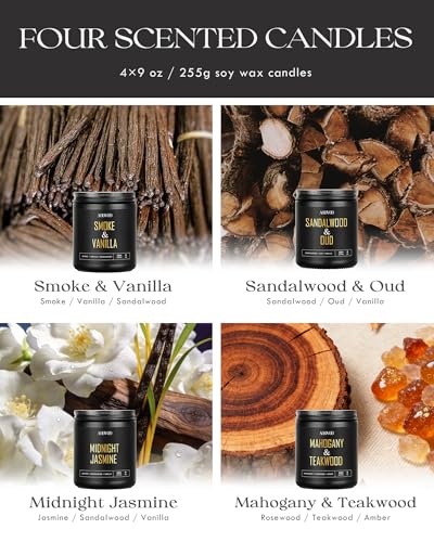 Image of AOOVOO Scented Candles for Men - 4 Pack Candles for Home Scented, 36oz Soy Wax, 200 Hour Burn Time, Men Candle Set, Sandalwood Oud /Mahogany Teakwood /Smoke Vanilla /Jasmine Candle Set A