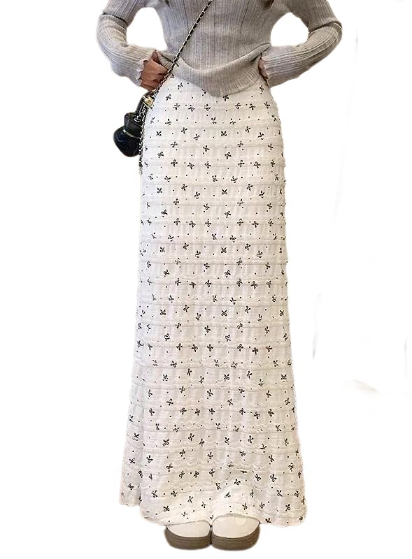 Women Summer Lace Floral Skirt Casual Cute and Gentle Wind High-Waisted Bow Bag Hip Fishtail A Word Long Skirt
