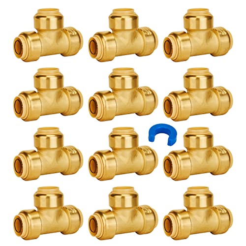 Image of SUNGATOR 12-Pack 3 /4 Inch Tee, Push-to-Connect Plumbing Fittings, Brass | for Pex Pipe, Copper, CPVC, PE-RT, with 1 Disconnect Clip